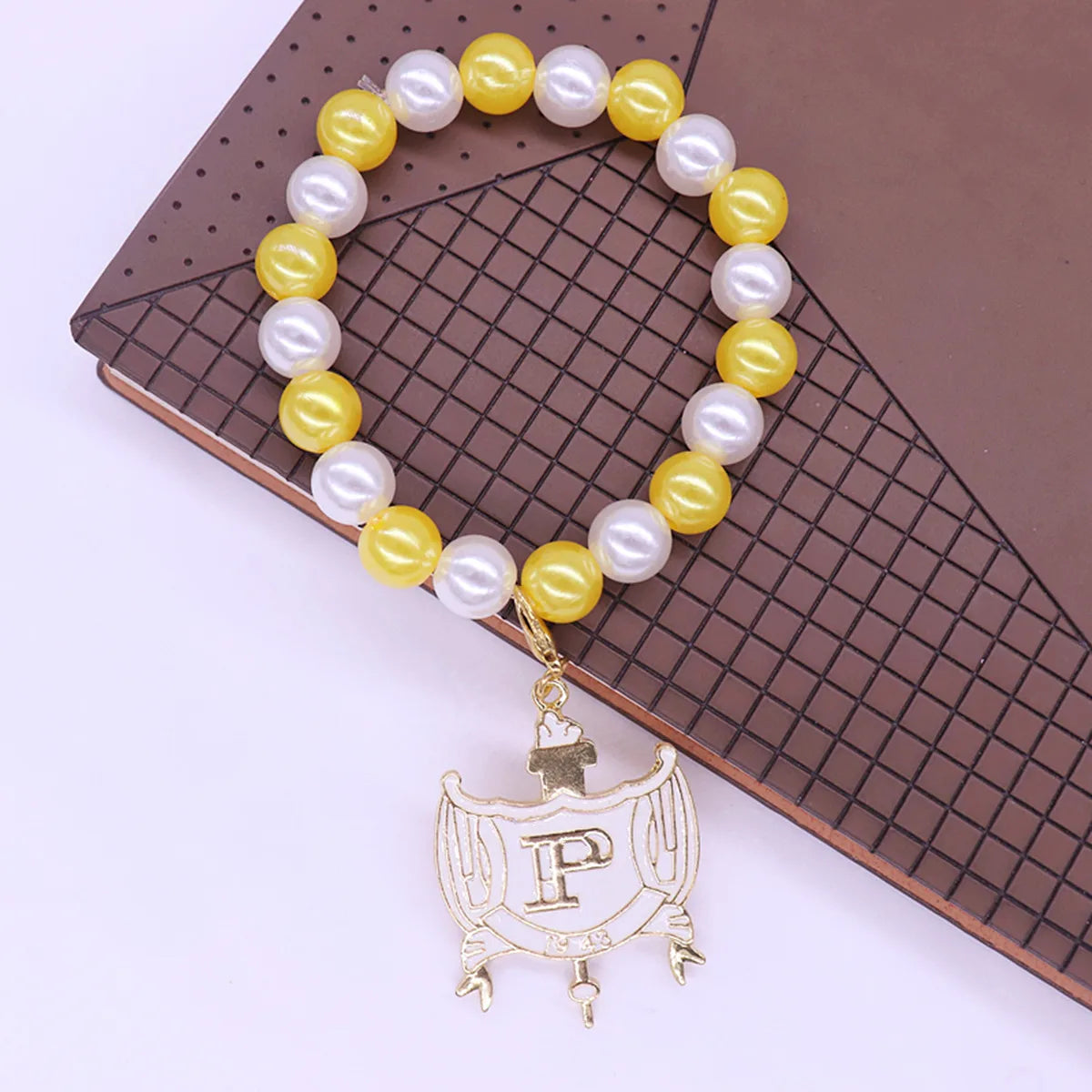 Stylish Stretch Elastic White Yellow Pearl Beads College Group Letter Shield Pendants Philo Bracelets