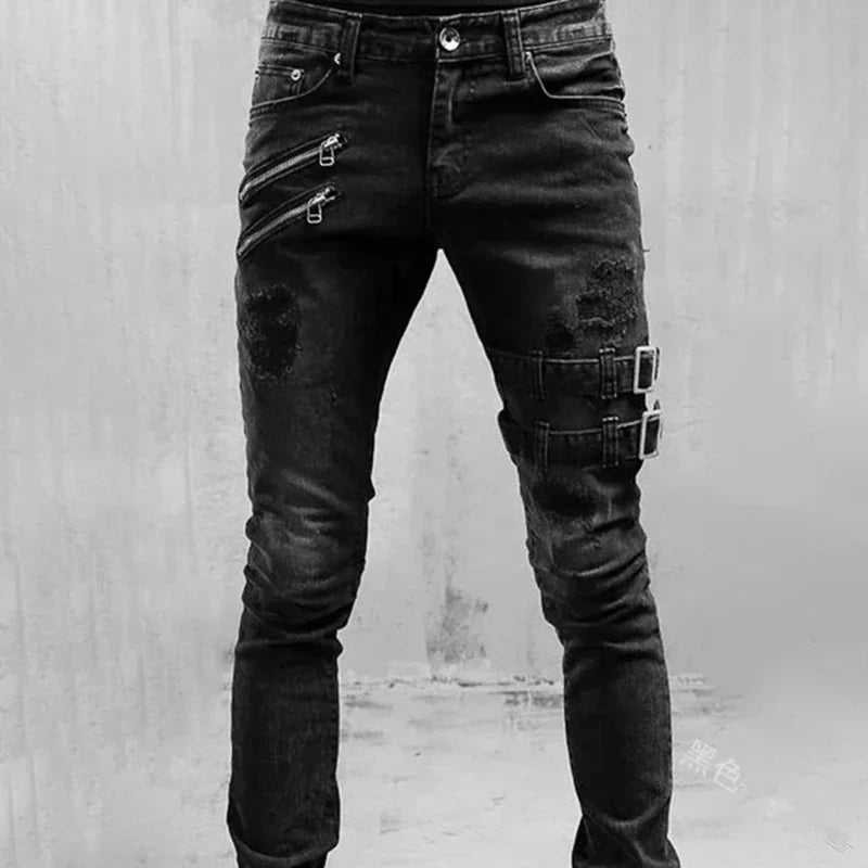 Men Slim Biker Ripped Long Denim Trousers Skinny Jeans Pocket Side Straps and Zips Male Jogging Pants Destroyed Stretchy Pants