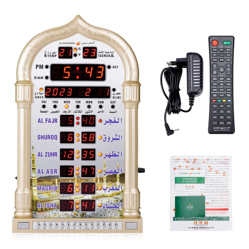 12V Azan Mosque Calendar Muslim Prayer Wall Clock Alarm Islamic Mosque Azan Calendar Ramadan Home Decor with Remote Control