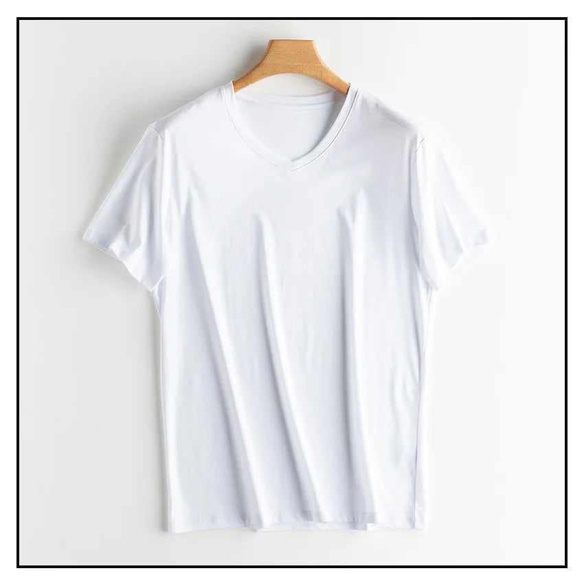 SuyaDream Mens Solid Tee Cotton Silk Blend Plain O neck Short Sleeved Cozy T Shirts 2022 Summer Simple Chic Top White Black