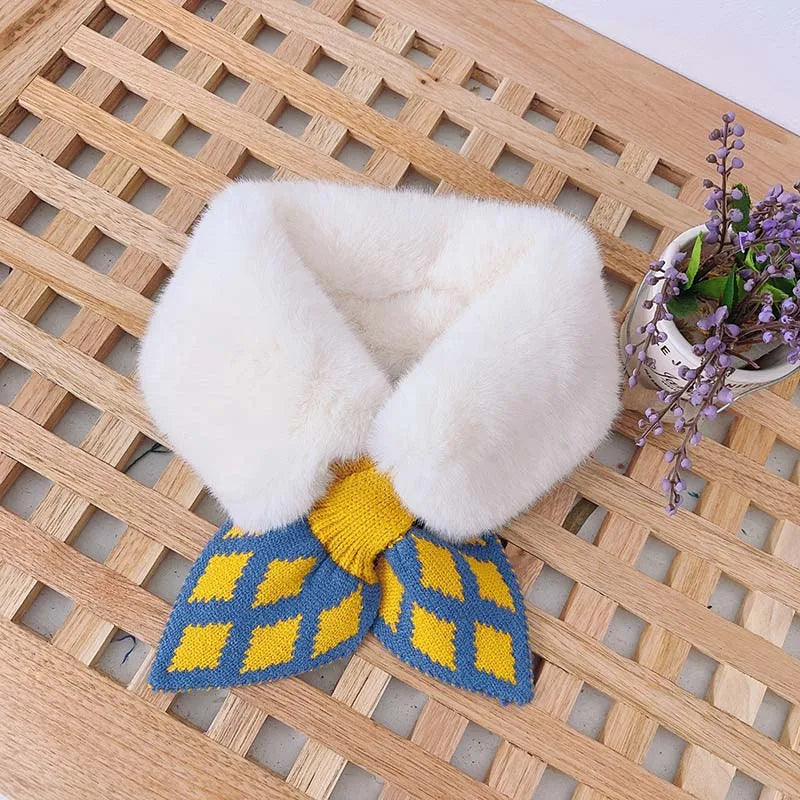 New Soft Plush Baby Girl Scarf Winter Cute Plaid Thick Warm Faux Fur Girls Scarves Bows Neck Warmer Neckerchief Children Kid