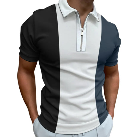 Men's Solid Color Striped Polo Shirt Short Sleeve Golf Turn-down Collar Zipper Polo Shirt&for Men Casual Streetwear Summer Tops