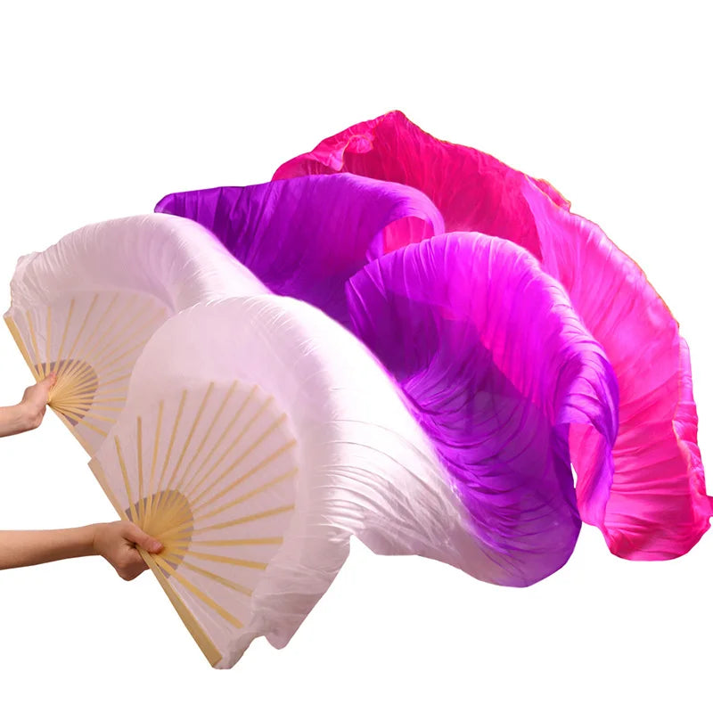 Belly Dance Fan 100% Real Silk Veils 1pc Left hand+1pc right hand Bamboo Handmade Dyed color Performance Practice Dancing Fans