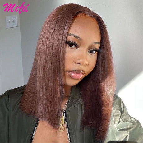 Highlight Short Bob Wig Bone Straight Chocolate Brown Lace Front Human Hair Wigs For Women 13X4 HD Transparent Lace Frontal Wig