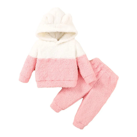 0-2 Years Newborn Baby Girl Fluff Hooded Clothes Set Long Sleeve Hoodie Top + Pant Autumn and Winter Warm Daily 2PCS Outfit