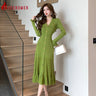 2024 Spring French Fashion Green Knitted Mid length Dress Women V Neck B Button Single Breasted Ruffles Slim Sweater Party Dress