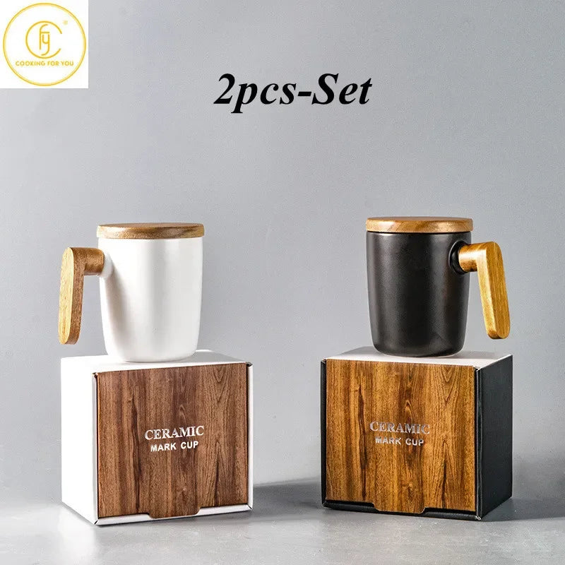 Gift Package 350ml Ceramic Coffee Mug with Wooden Handle and Lid Nordic Retro Style Smooth Surface Office Home Couple Cup