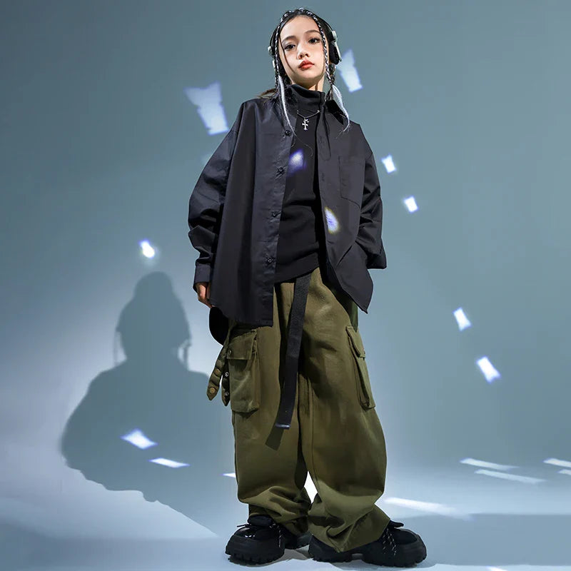 Kids Hip Hop Clothing Black Jacket Coat Casual Street Strap Cargo Pants for Girl Boy Jazz Dance Costume Teenage Kpop Clothes