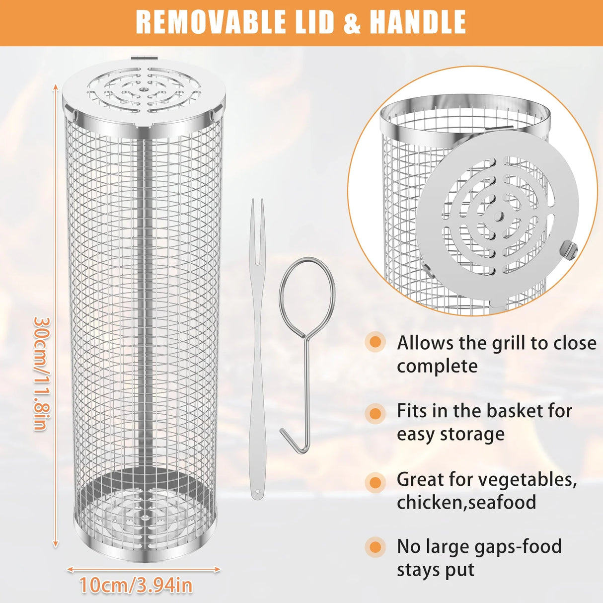 BBQ Grill Basket Barbecue Grill Grate Camping Cookware Stainless Steel Mesh Cylinder Washable for Grilling Vegetables Meat