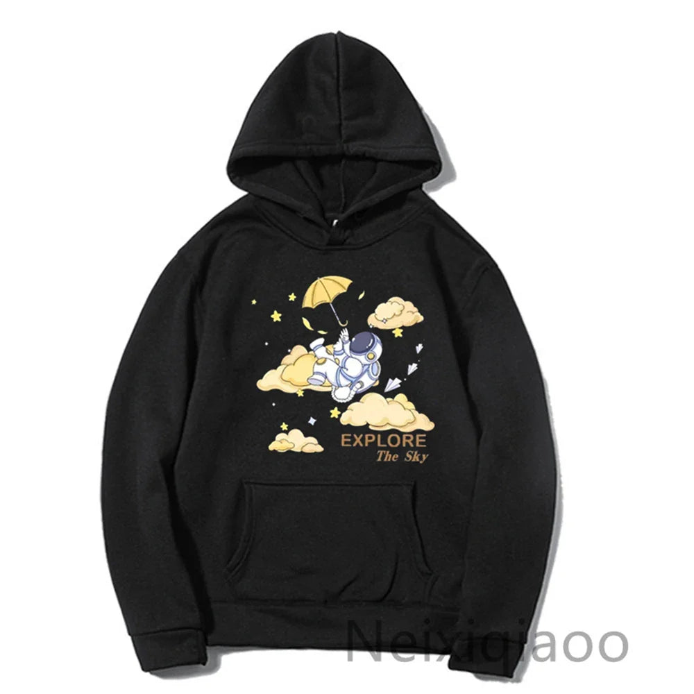 Plus Size Autumn Winter Astronauts Explore The Sky Printed Casual Pullover Cute Illustration Female Hoodie Women Men Sweatshirts