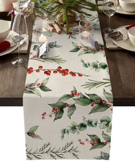 Modern Elegant Table Runner Eucalyptus Berries Robin Table Runner Christmas Wedding Decoration Tablecloth Home Party Decor