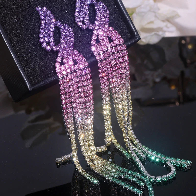 2022 New Sparkling Full Rhinestone Long Tassel Dangle Earrings for Women Bijoux Trendy Large Drop Earrings Wedding Jewelry Gifts