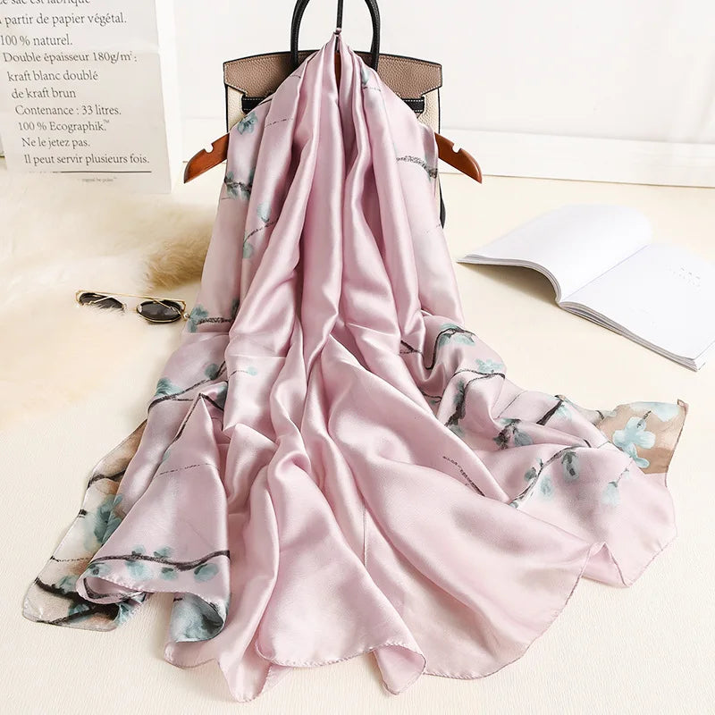 100% Natural Silk Scarf Women Luxury Brand Digital Print Flowers Silk Pashmina Shawl Female Long Bandana Foulard 2020 Oversize