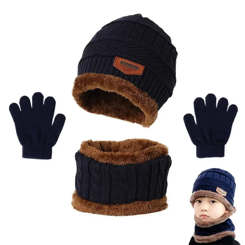 2023 New Winter Hat Scarf and Gloves Set Plush Warmer Children Knitted Hat Baby Boys Beanies Cap Neck Scarf Glove Suit For Kids