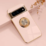 Luxury Plating Silicone Shockproof Phone Case For Google Pixel 8 8A 7 Pro 7A 6A Metal Ring Magnetic Holder Stand Soft Back Cover