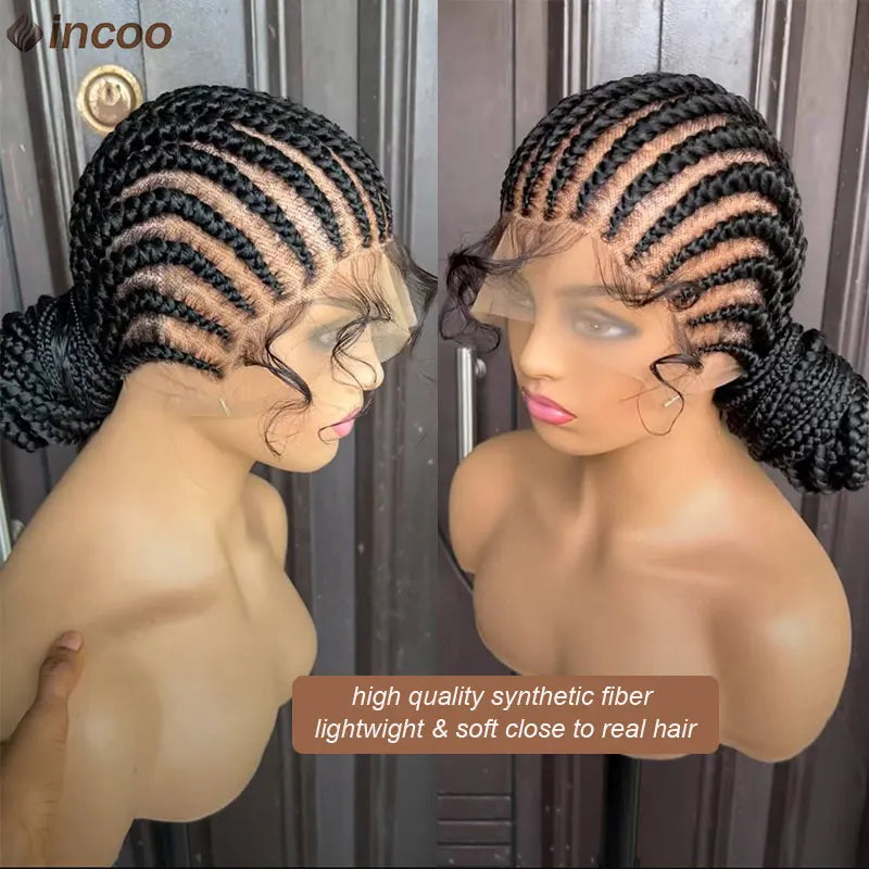 Incoo 36'' Synthetic Twist Braids Lace Front Wig With Baby Full Lace Frontal Cornrow Braided Wigs Afro Black Dutch Braided Wigs