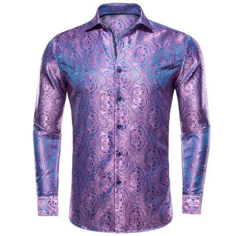 Lilac Mauve Lavender Purple Silk Mens Shirts Luxury Lapel Long Sleeve Dress Shirt Jacquard Blouse for Male Wedding Business Prom