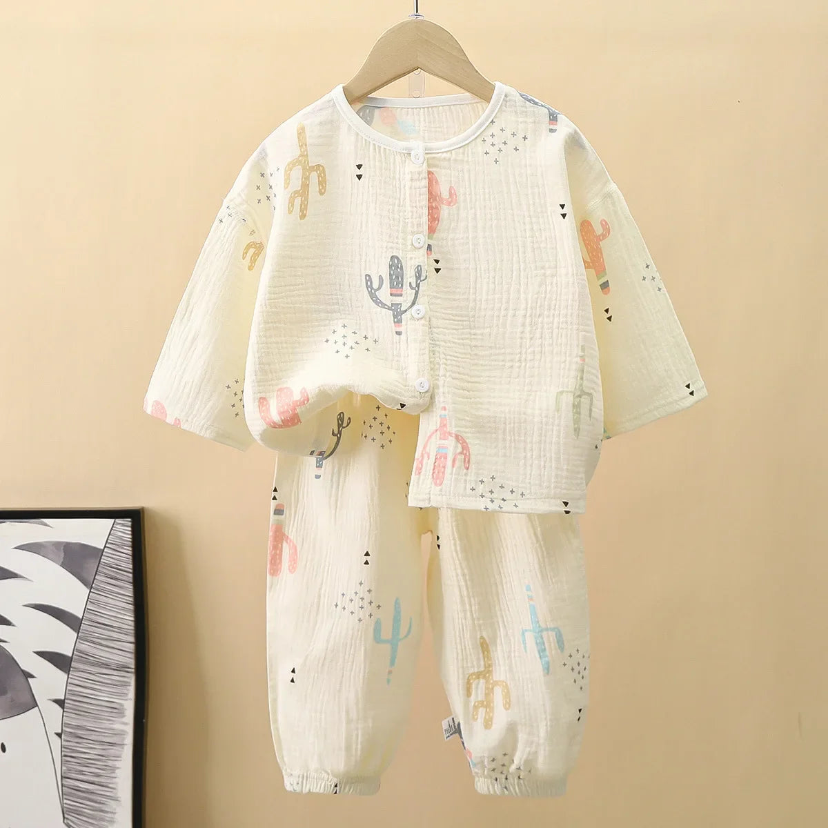 Kids Summer Thin Pajamas Sets New 2023 Boys Girls Cartoon Three-quarter Sleeve Cotton Yarn Shirt Tops with Pants Baby Loungewear