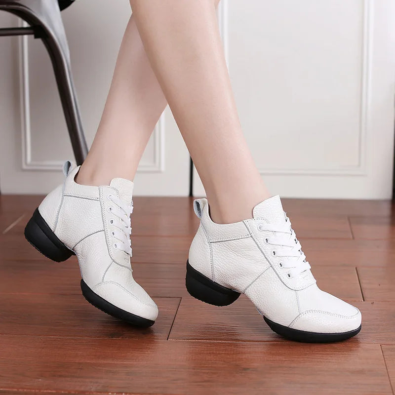 Dance Breathable Shoes Female Sailor Net Sports Shoes Woman Top Layer Modern Dance Jazz Cowhide Square Soft Sole Sneakers