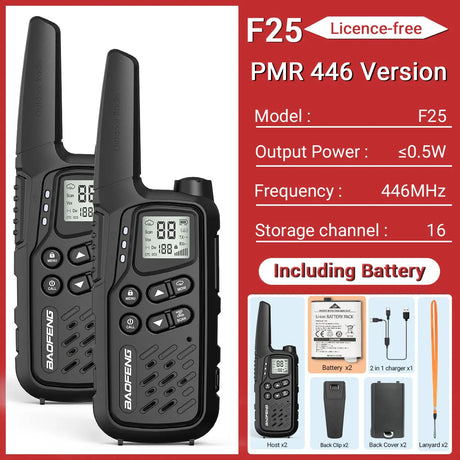 2Pack Baofeng MP25 PMR446/FRS Long Range Rechargeable Type-C Charge Mini Walkie Talkie With LCD Display Flashlight Two-way Radio