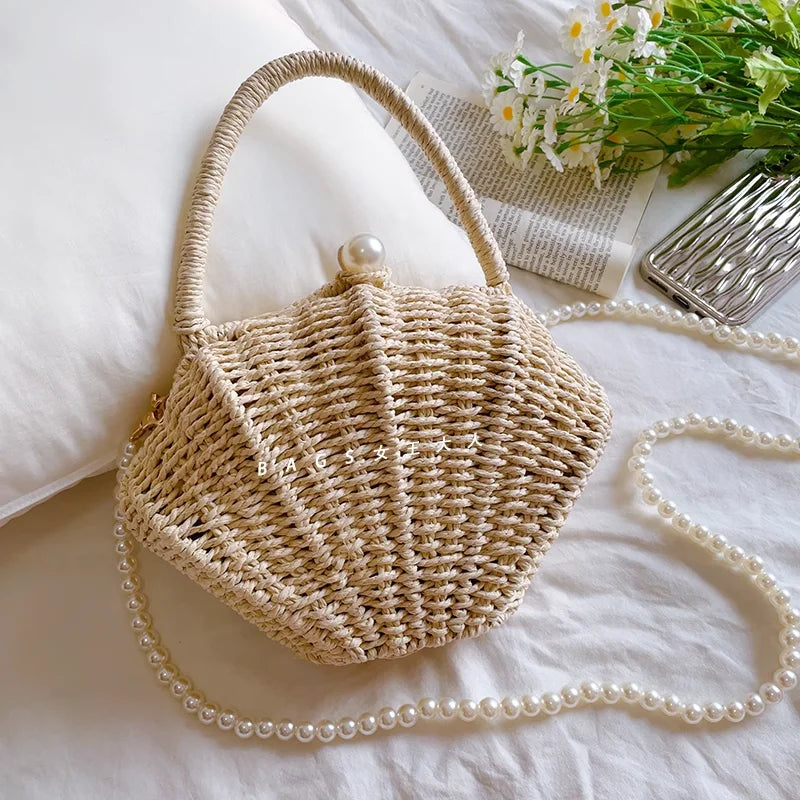 Shell rattan straw woven diagonal cross small bag, cute fairy change, mobile phone, fashionable woven beach bag