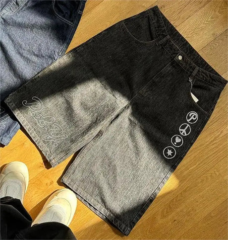 Summer Casual Denim Shorts Men Street Punk Hip Hop Cross Print Jorts Shorts Y2k Vintage Trendy Baggy Knee Length Pants New