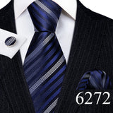 Luxury Mens Ties Set Blue Silver Gray Striped Necktie Pocket Square Cufflinks Set Wedding Gift Corbatas Clip Barry·Wang 6237