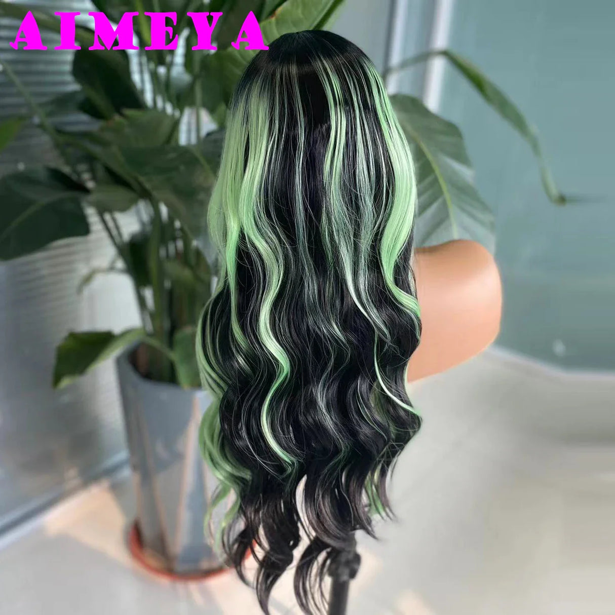 AIMEYA Ombre Green Synthetic Lace Front Wig for Women Dark Roots Highlights Wig Glueless Natural Hairline 13X4 Front Lace Wigs