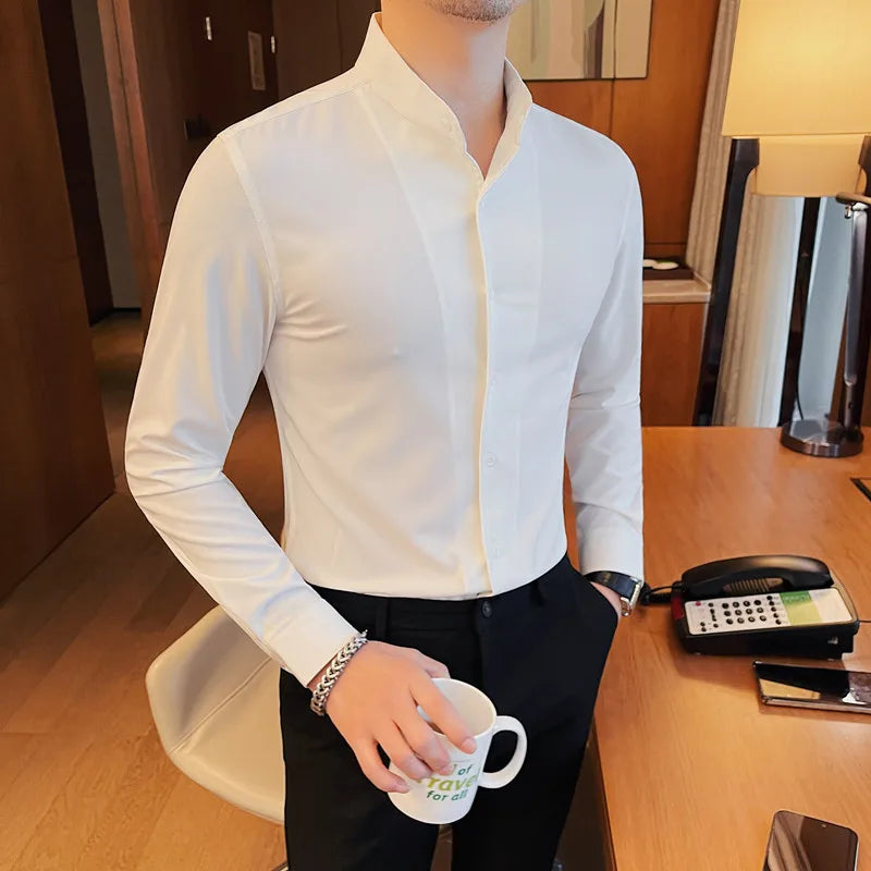 Men Long-sleeved Business Formal Social Dress Shirt Fall Pure Stand Collar Party Club Casual Shirt Men's Brand Slim Tuxedo Shirt