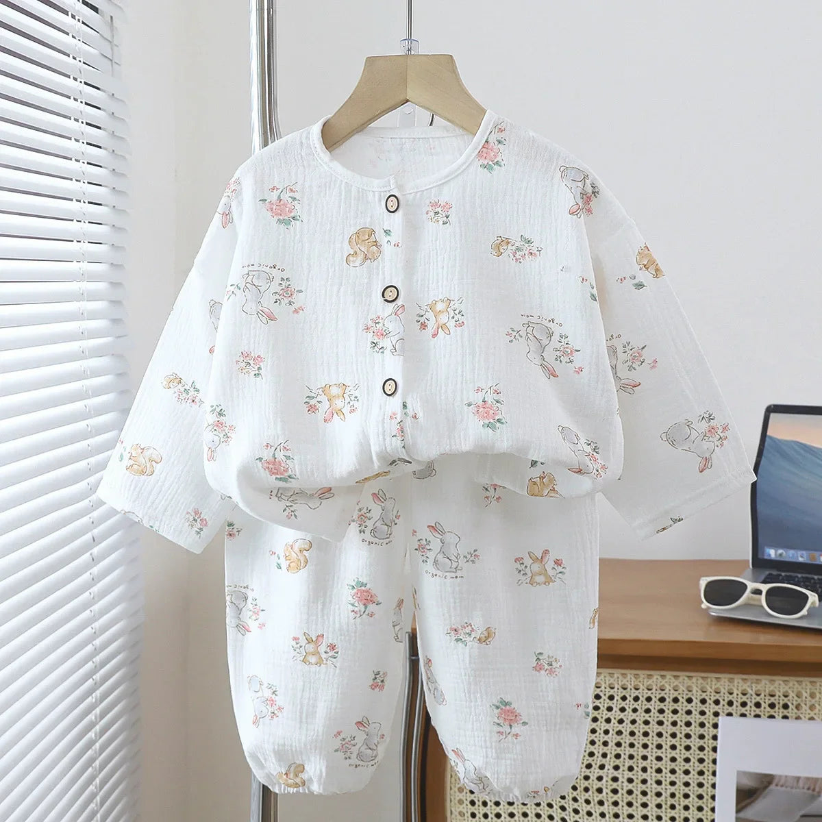 Kids Summer Thin Pajamas Sets New 2023 Boys Girls Cartoon Three-quarter Sleeve Cotton Yarn Shirts with Pants Baby Loungewear