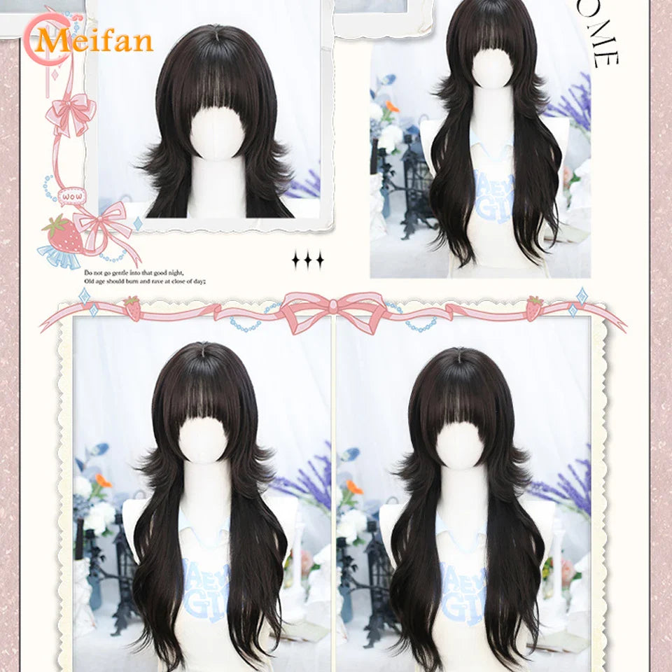 MEIFAN Long Lolita Ombre Harajuku Wig With Bang Red Blue Wave Curly Cosplay Wig Heat Resistant Synthetic Jellyfish Head Wigs