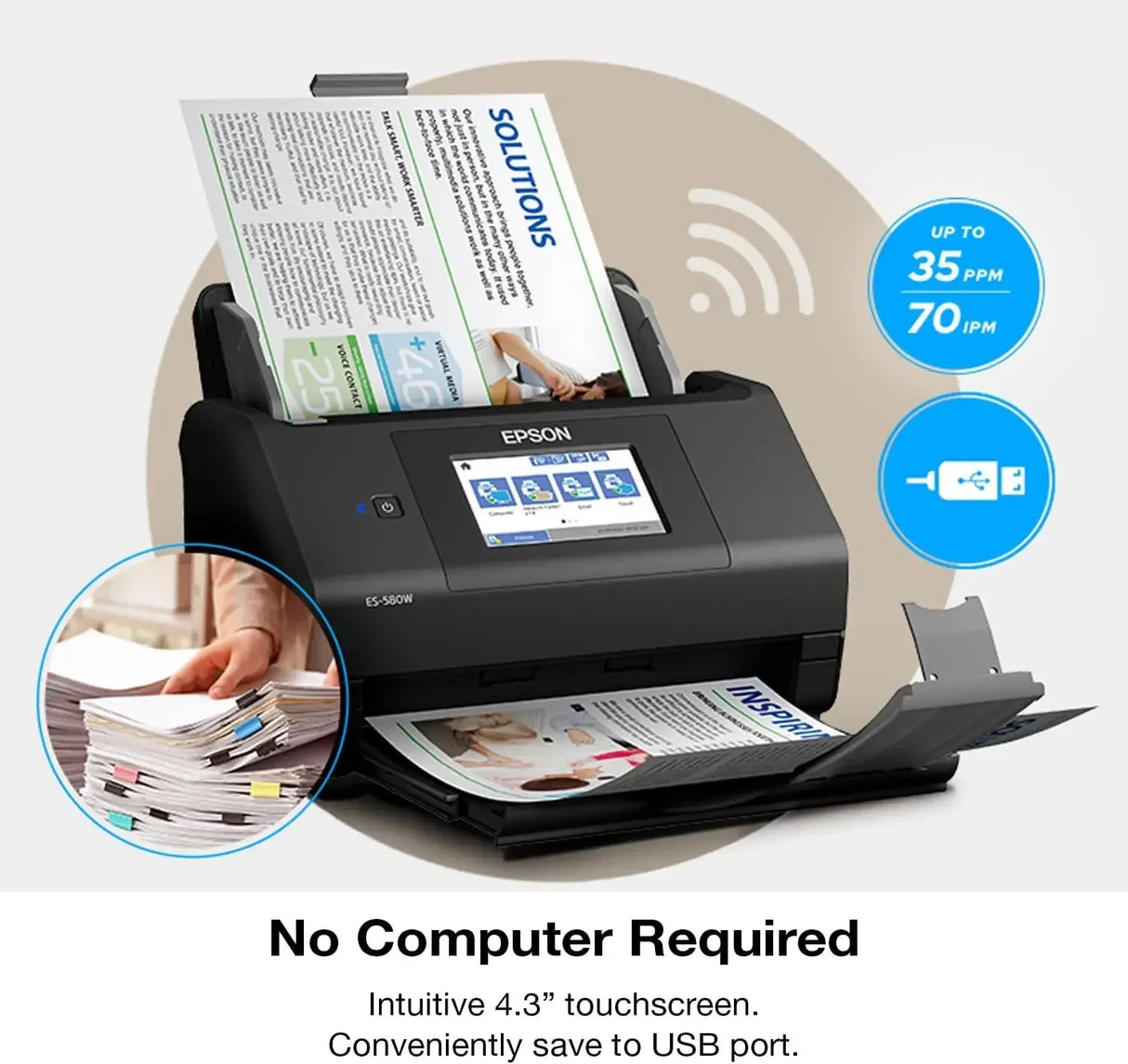 Workforce ES-580W Wireless Color Duplex Desktop Document Scanner for PC with 100-sheet Auto Document Feeder (ADF)