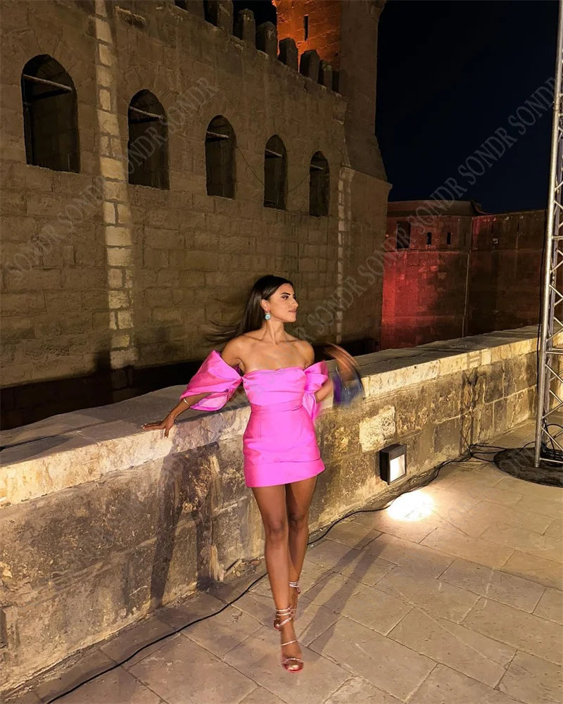 SONDR Modern Pink Satin Short Prom Dresses Dubai Arabic Women Shiny Beads Mini Sexy Cocktail Dress Evening Birthday Gowns