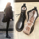 Black Leather Boot Ankle Booties Plush Warm Platform Shoe Fashion British Style Botas Winter Furry Boots Women Shoes 40