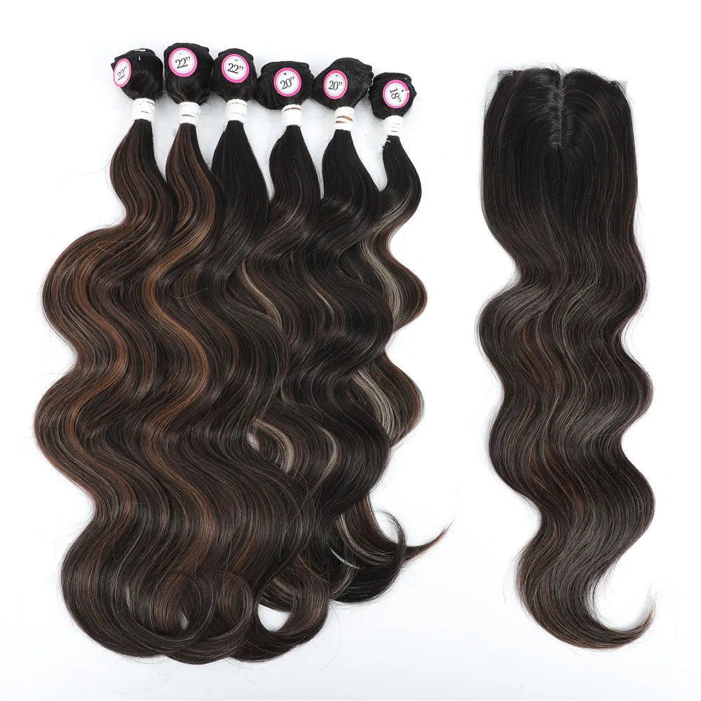 X-TRESS Body Wave Hair Bundles With Middle Part Closure Soft Synthetic Hair Weave Extensions For Black Women 7PCS One Pack