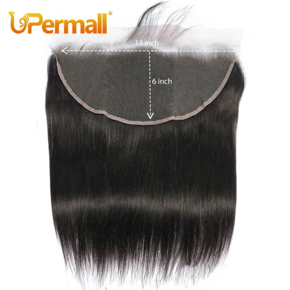 Upermall 13x6 Lace Frontal Straight Pre Plucked Swiss HD Transparent Full Front Only Natural Black 100% Remy Human Hair On Sale