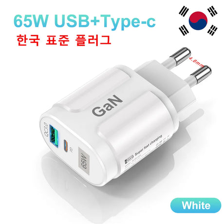 USLION GaN 65W Charger Tablet Laptop Fast Charger Type C PD Quick Charger EU KR Specification Plugs Adapter For iPhone Samsung