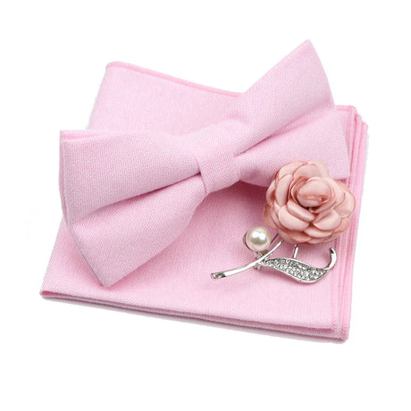 Solid Color Mens Bowtie Brooch Set 100% Cotton Pink Blue Bow Tie Flower Lapel Pin Romantic Wedding Party Suit Shirt Accessories