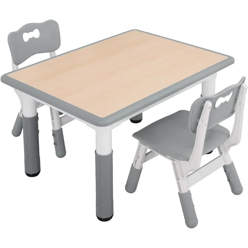 Kids Study Table and Chairs Set, Height Adjustable Plastic Children Art Desk with 2 Seats, Kids Multi Activity Table Set