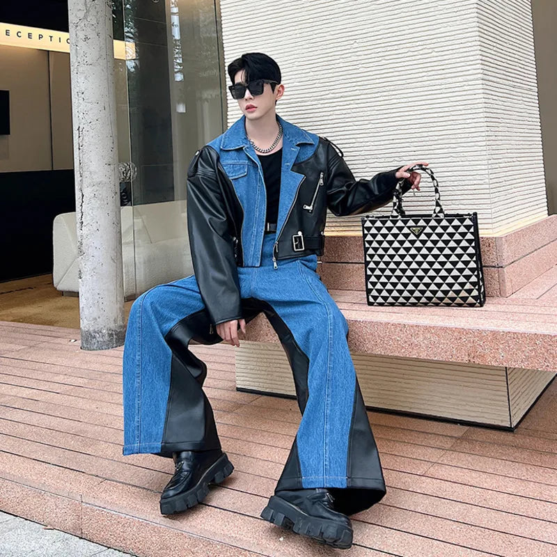 NOYMEI Irregular Washed Denim Patchwork Lapel Short Jacket Wide Leg Pants Men's Twp Pieces Set Autumn 2024 New Male Suits WA3009