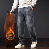 Winter Men's Spliced Jeans Brushed Thick Hip Hop Baggy Warm Denim Pants Casual Cargo Trousers Loose Jean Mens Bottoms