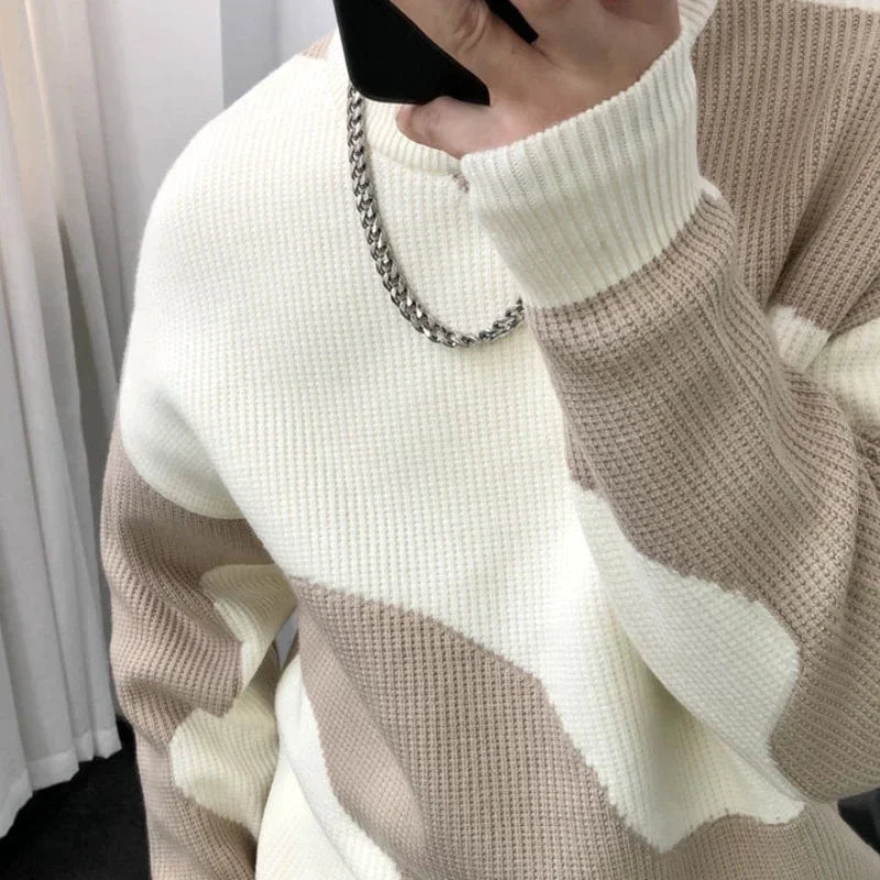 Knitted Sweaters for Men Black Spliced Pullovers Man Clothes No Hoodie Crewneck Round Collar A Over Fit Knit Spring Autumn Warm