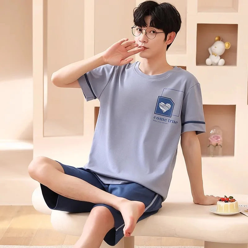 Cartoon Mens Nightwear Summer Comfortable Sleepwear Sleeping Tops Shorts 2 Pieces Pijamas Set Man Leisure Homewear Male Dropship