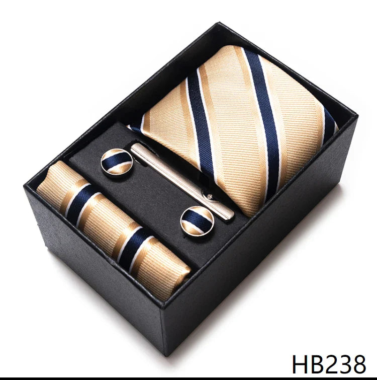 Luxurious Dropshipping 8 cm Birthday Gift Silk Tie Hanky Pocket Squares Cufflink Set Tie Clip Necktie Box Geometric