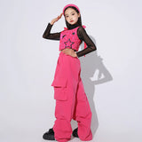 Girls Rose Red Hip Hop Outfits Long Sleeve Top Loose Cargo Pants Street Dance Suit Children Streetwear Kids Jazz Clothes Sets