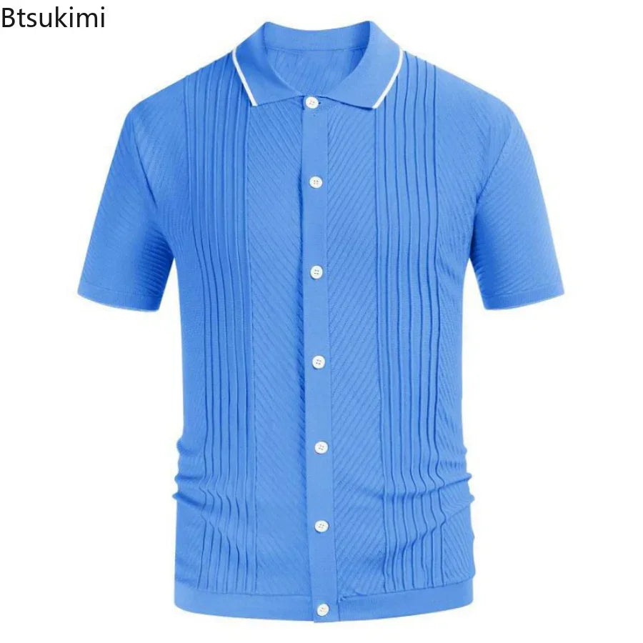 2024 Men's Summer Short Sleeve Polo Shirts Knitted Lapel Cardigan Top Stripe Stitching Men Polo Tee Shirt Fashion Camisa Hombre