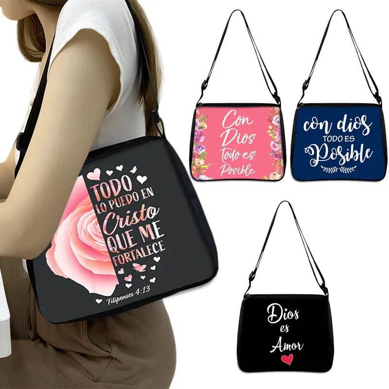 Christian Gift Bible Verse in Spanish Crossbody Bag Con Dios Todo Es Posible Messenger Bags Shoulder Bag Casual Handbag