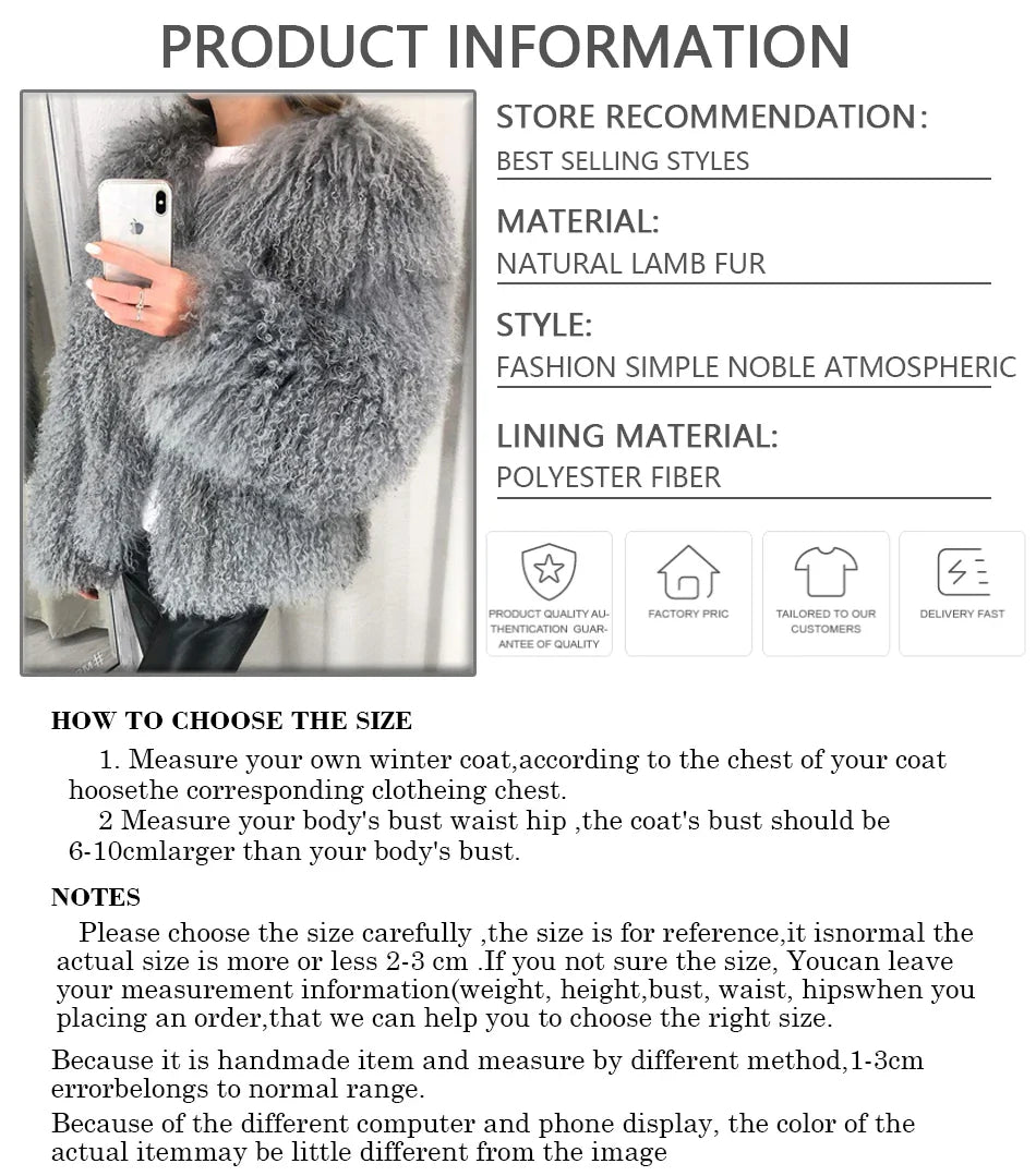 Womens Natural Mongolian Lamb Fur Coat Short Winter Real Sheep Fur Jacket Ladies Genuine Sheepskin Coats