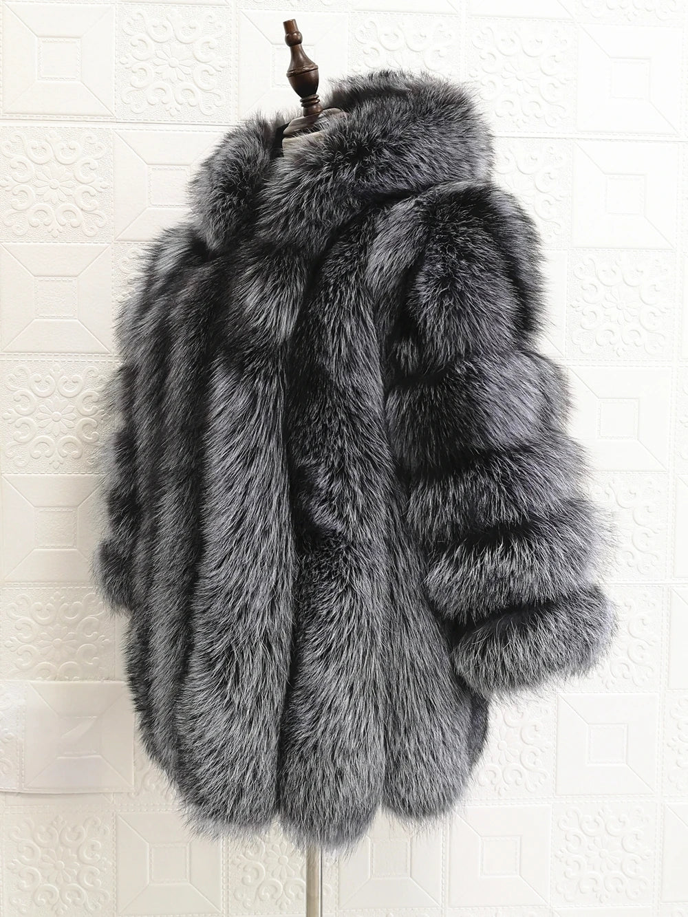 Hooded Silver Fox Fur Coat for Women, Plus Size, Long Sleeves, Winter, Luxury, Natural, Real Silver Fox Fur Jacket with Hood