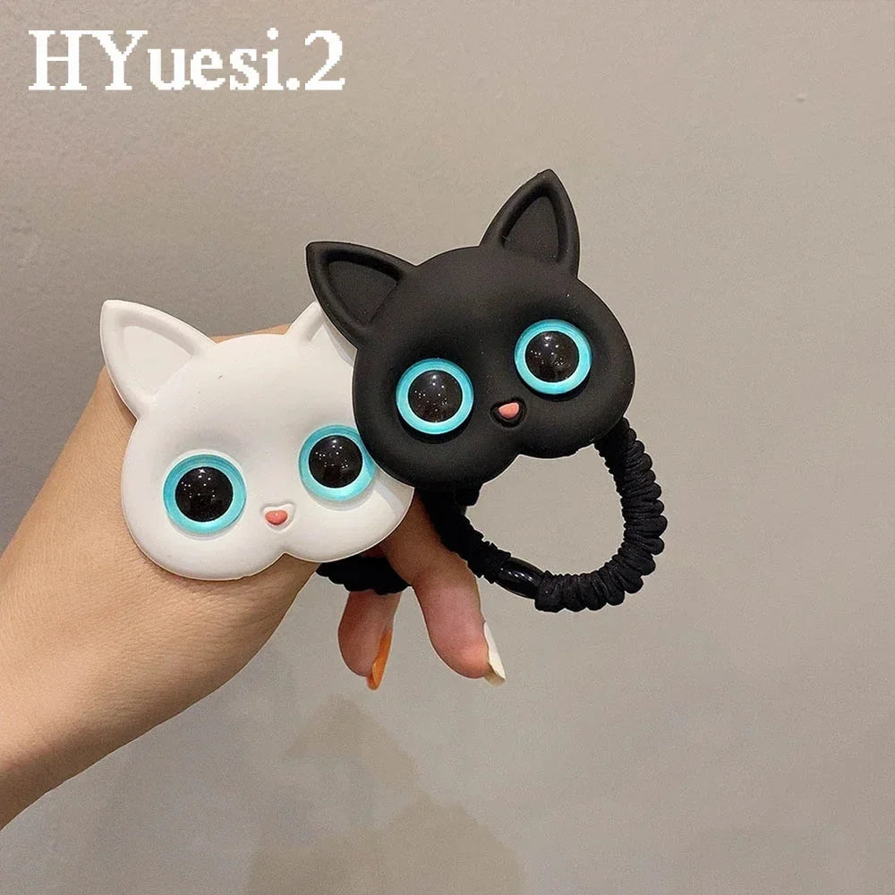 Cartoon Black White Cat Charms Hair Ties Kids Girls Cute Elastic Ponytail Holder Rubber Band Women Hairband Summer Headwear